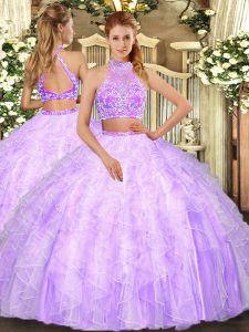 Lilac Criss Cross Ball Gown Prom Dress Beading and Ruffles Sleeveless Floor Length