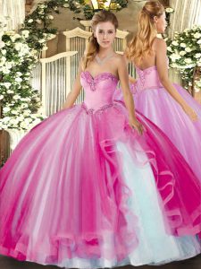 Fuchsia Ball Gowns Sweetheart Sleeveless Tulle Floor Length Lace Up Beading and Ruffles 15th Birthday Dress