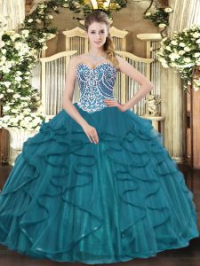 Floor Length Ball Gowns Sleeveless Teal Ball Gown Prom Dress Lace Up