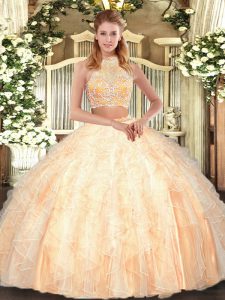 Peach Halter Top Criss Cross Beading and Ruffles Ball Gown Prom Dress Sleeveless