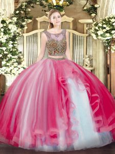 Floor Length Coral Red Sweet 16 Dresses Tulle Sleeveless Beading and Ruffles