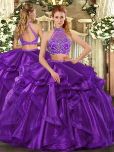 Great Eggplant Purple Sleeveless Organza Criss Cross 15th Birthday Dress for Military Ball and Sweet 16 and Quinceanera