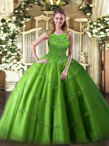 Eye-catching Scoop Sleeveless Ball Gown Prom Dress Floor Length Beading and Appliques Tulle
