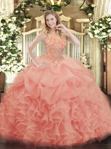 Baby Pink Ball Gowns Beading and Ruffles Quinceanera Dresses Zipper Organza Sleeveless Floor Length