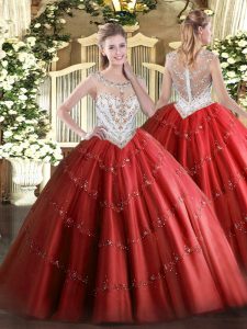 Ball Gowns Vestidos de Quinceanera Red Scoop Tulle Sleeveless Floor Length Zipper