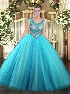 Sleeveless Floor Length Beading Lace Up Sweet 16 Dresses with Baby Blue