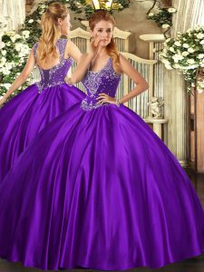 Purple Ball Gowns Straps Sleeveless Satin Floor Length Lace Up Beading Quince Ball Gowns