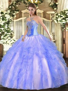 Flare Blue Tulle Lace Up Quinceanera Gowns Sleeveless Floor Length Beading and Ruffles