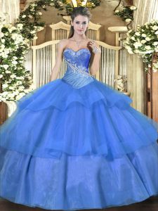Floor Length Lace Up Quinceanera Gown Blue for Military Ball and Sweet 16 and Quinceanera with Beading and Ruffled Layers