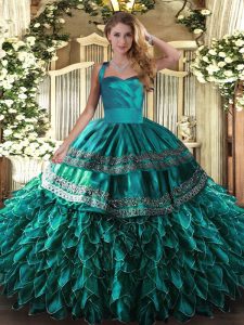 Turquoise Halter Top Neckline Embroidery and Ruffles Quinceanera Dresses Sleeveless Lace Up