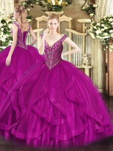 Fuchsia Ball Gowns Tulle V-neck Sleeveless Beading and Ruffles Floor Length Lace Up Ball Gown Prom Dress