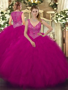 Tulle Sleeveless Floor Length Vestidos de Quinceanera and Beading and Ruffles