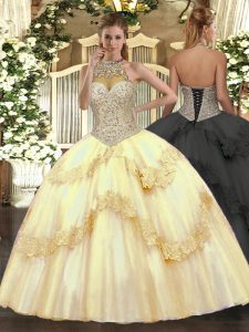 Sleeveless Tulle Floor Length Lace Up Sweet 16 Dresses in Gold with Beading and Appliques