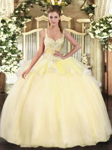 Straps Sleeveless Quinceanera Dresses Floor Length Beading Gold Organza