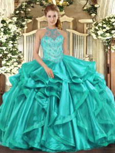 Deluxe Sleeveless Organza Floor Length Lace Up Sweet 16 Dresses in Turquoise with Beading and Embroidery and Ruffles