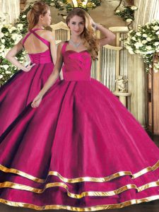 High Quality Floor Length Hot Pink Quinceanera Gowns Tulle Sleeveless Ruffled Layers