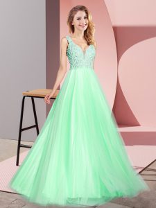 Inexpensive Floor Length Zipper Apple Green for Prom and Party with Lace