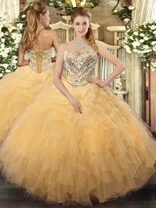 Sweet Tulle Sweetheart Sleeveless Lace Up Beading and Ruffles Quince Ball Gowns in Gold