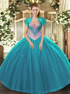 Aqua Blue Ball Gowns Beading Sweet 16 Quinceanera Dress Lace Up Tulle Sleeveless Floor Length