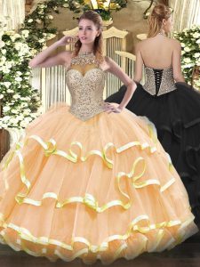 Halter Top Sleeveless 15 Quinceanera Dress Floor Length Beading and Ruffled Layers Peach Organza