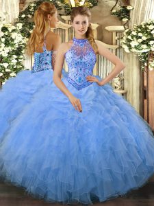 Baby Blue Organza Lace Up 15th Birthday Dress Sleeveless Floor Length Beading and Ruffles