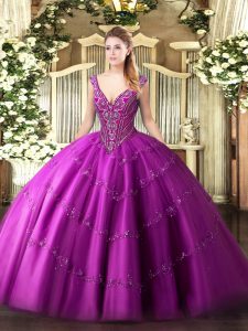 Tulle Sleeveless Floor Length 15th Birthday Dress and Beading and Appliques