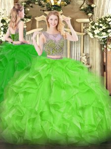 Free and Easy Scoop Sleeveless 15 Quinceanera Dress Floor Length Beading and Ruffles Organza