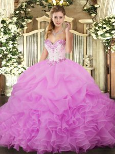 Enchanting Lilac Ball Gowns Sweetheart Sleeveless Organza Floor Length Lace Up Beading and Ruffles and Pick Ups Sweet 16 Dress