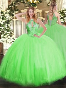 Ball Gown Prom Dress Military Ball and Sweet 16 and Quinceanera with Beading Halter Top Sleeveless Lace Up