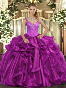 Sleeveless Organza Floor Length Lace Up Quince Ball Gowns in Fuchsia with Beading and Ruffles