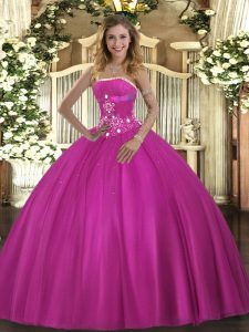 Fantastic Fuchsia Ball Gowns Strapless Sleeveless Tulle Floor Length Lace Up Beading Sweet 16 Quinceanera Dress