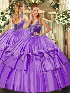 Top Selling Lavender Ball Gowns Organza and Taffeta Straps Sleeveless Beading and Ruffled Layers Floor Length Lace Up Quinceanera Dress