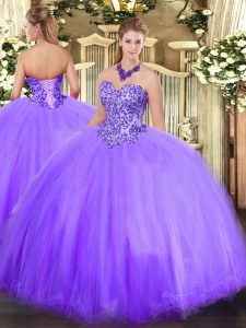 Sleeveless Tulle Floor Length Lace Up Sweet 16 Dresses in Lavender with Appliques