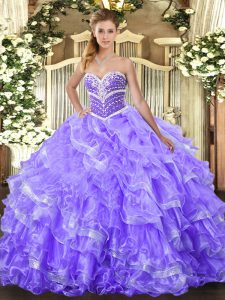 Sleeveless Floor Length Beading and Ruffled Layers Lace Up Quinceanera Gowns with Lavender