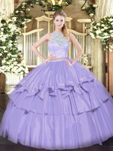 Custom Made Lavender Organza Zipper Scoop Sleeveless Floor Length Quinceanera Gowns Lace and Ruffled Layers