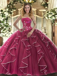 High End Fuchsia Strapless Lace Up Beading and Ruffles Quinceanera Dresses Sleeveless