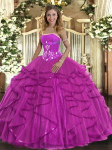 New Style Fuchsia Ball Gowns Tulle Strapless Sleeveless Beading and Ruffles Floor Length Lace Up Vestidos de Quinceanera