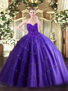 Stunning Purple Lace Up Sweetheart Appliques 15th Birthday Dress Tulle Sleeveless
