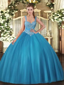 Teal Lace Up Straps Beading Sweet 16 Dress Tulle Sleeveless