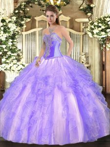 Ideal Lavender Quince Ball Gowns Military Ball and Sweet 16 and Quinceanera with Beading and Ruffles Sweetheart Sleeveless Lace Up