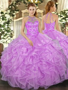 Designer Beading and Ruffles Sweet 16 Dresses Lilac Lace Up Sleeveless Floor Length