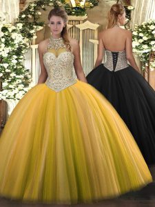 Sleeveless Tulle Floor Length Lace Up Quinceanera Gowns in Gold with Beading