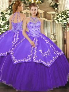 Sleeveless Satin and Tulle Floor Length Lace Up Sweet 16 Dress in Purple with Beading and Embroidery
