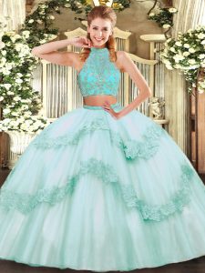 Beautiful Apple Green Two Pieces Tulle Halter Top Sleeveless Beading and Appliques and Ruffles Floor Length Criss Cross 15 Quinceanera Dress