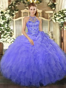 Blue Sleeveless Beading and Ruffles Floor Length Ball Gown Prom Dress