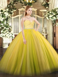 Floor Length Zipper Vestidos de Quinceanera Gold for Military Ball and Sweet 16 and Quinceanera with Beading and Lace