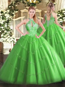 Fine Halter Top Neckline Beading Quinceanera Gown Sleeveless Lace Up