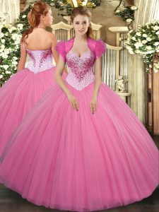Captivating Sweetheart Sleeveless Vestidos de Quinceanera Floor Length Beading Rose Pink Tulle