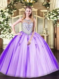 Lavender Quince Ball Gowns Military Ball and Sweet 16 and Quinceanera with Beading and Appliques Scoop Sleeveless Zipper