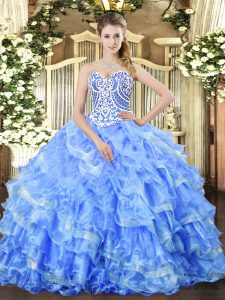 Nice Blue Sweetheart Lace Up Beading and Ruffled Layers Sweet 16 Dress Sleeveless